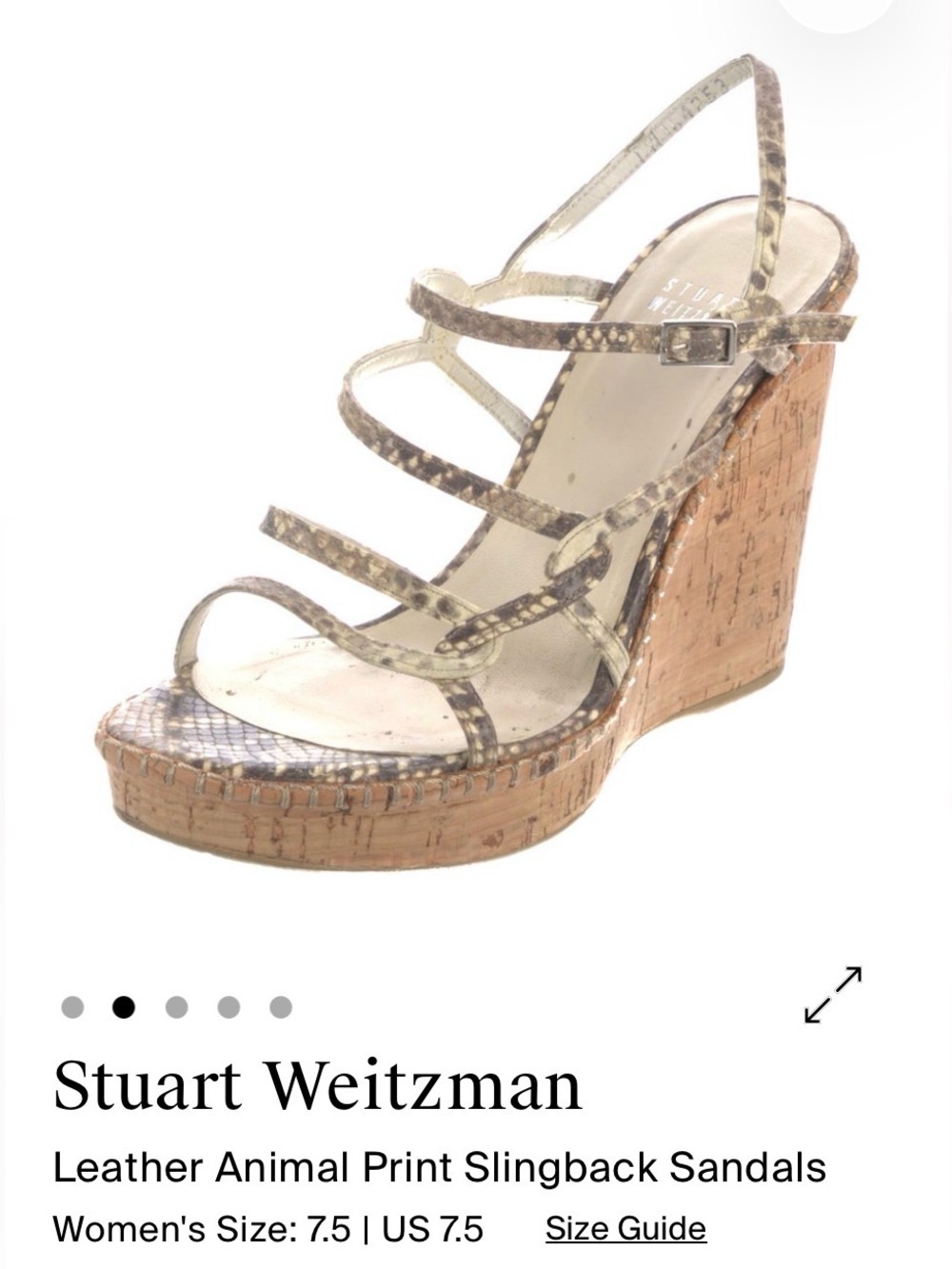 Stuart Weitzman Jean Snake Print Cork Wedge Sandals 7.5